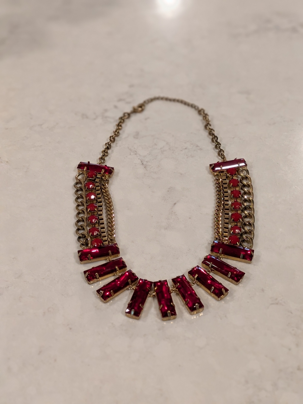 Vintage Gold-Tone Necklace with Deep Red Gem Accents